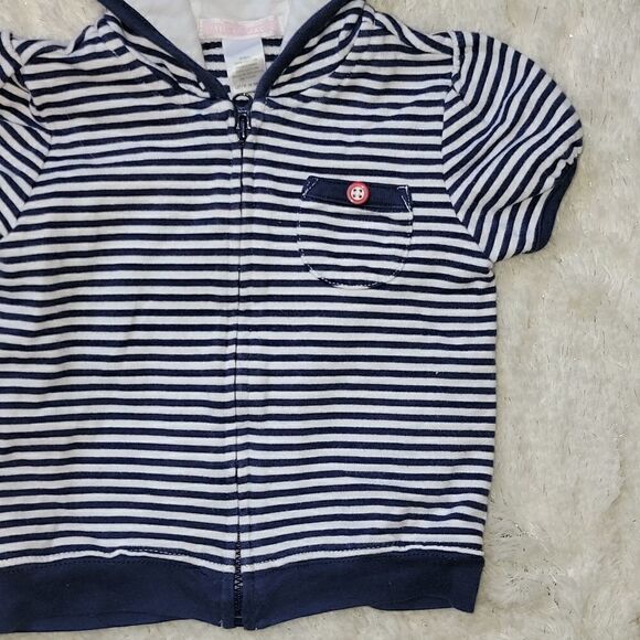 JANIE AND JACK NAVY BLUE & WHITE STRIPED SHORT- SLEEVE HOODIE, SIZE 12-18 MONTHS - Picture 3 of 7